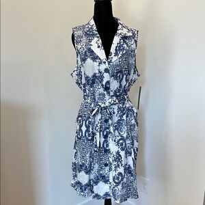 NWT- Mlle Gabrielle Blue and White Notched Collared Sleeveless Sundress- XL